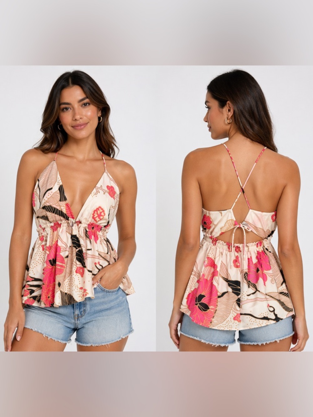 EXPRESS Floral Halter Surplice Peplum Top in Blush Pink